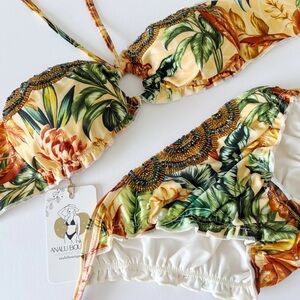 NWT Boho Chic Leaf Beaded Floral Colombian Handmade Swimwear Swimsuit Bikini Set